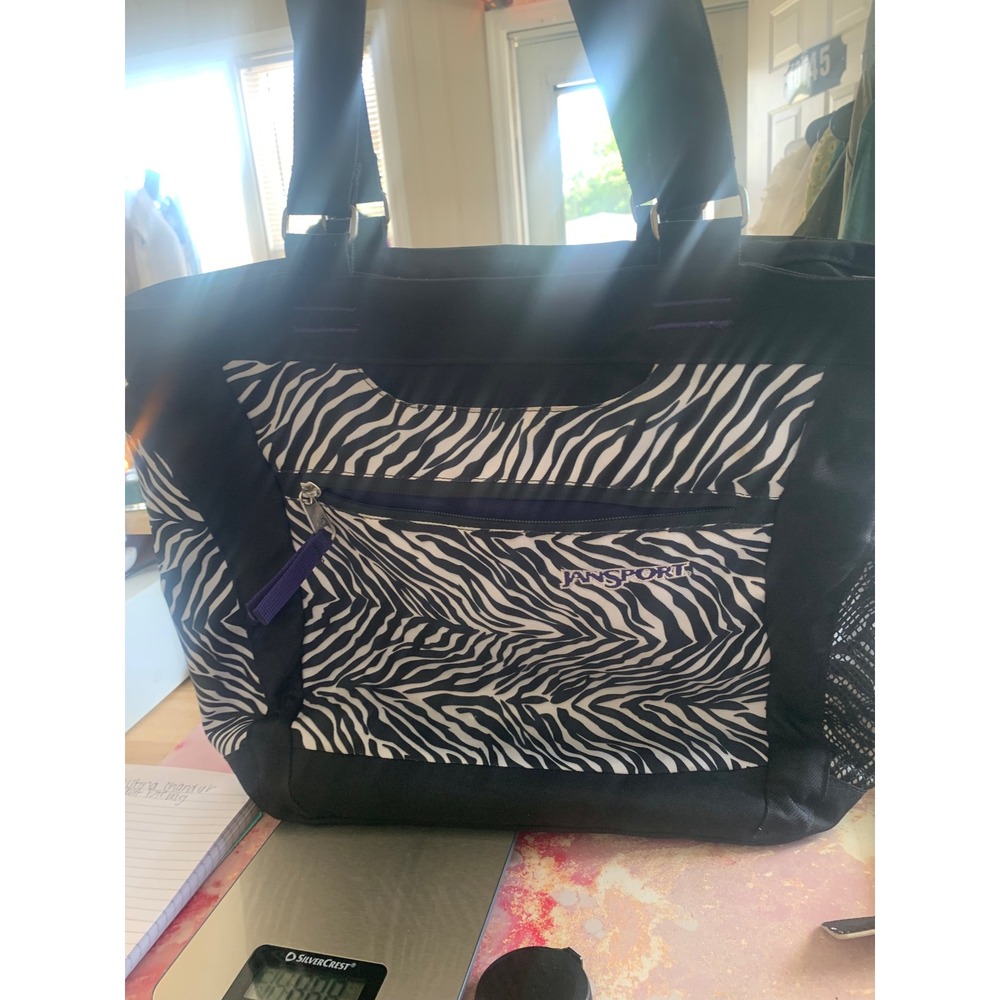 JanSport Zebra Print Tote Bag Black White Purple Canvas Shoulder Bag Mesh Pocket